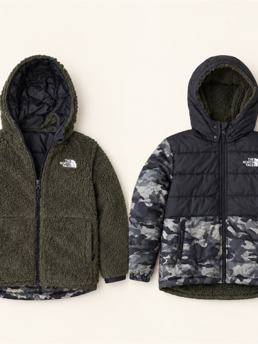 The North Face Kids' Reversible Hooded Jacket - Olive Green & Black/Gray Camo
